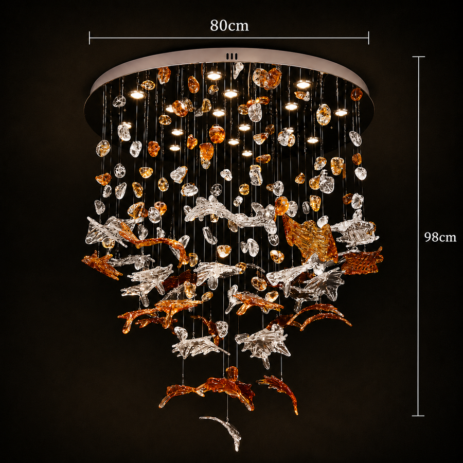 Candelabru LED Cristal ESIK Supremo, 112W, Lumina Rece/Calda/Neutra, Metal si Sticla, Auriu