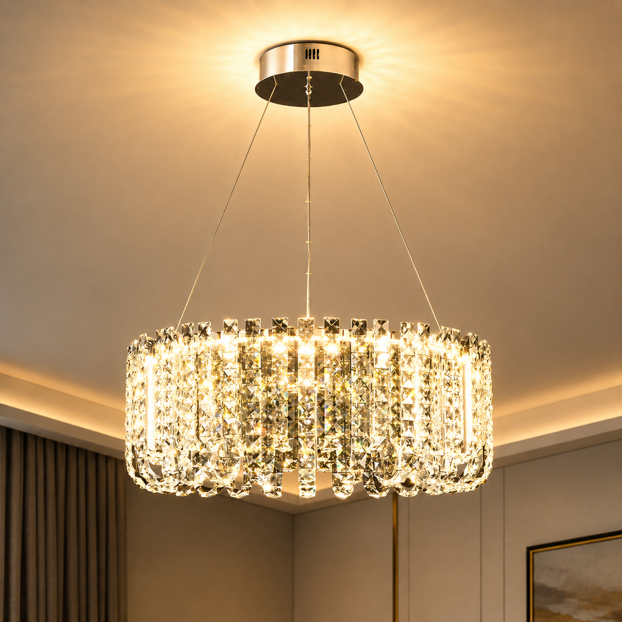 Candelabru LED Cristal TURKMENABAT Eleganza, Ø48cm, 27W, Lumina Rece/Calda/Neutra, Metal si Cristal, Crom Lucios, Inaltime Reglabila