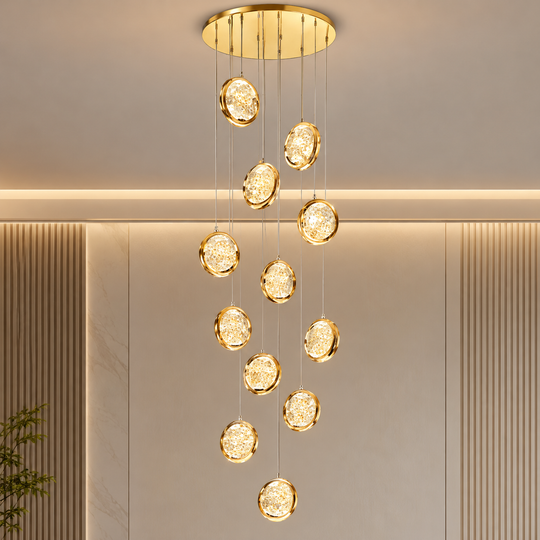 FRAME Lustre LED en Cristal avec Télécommande, Suspendu, 12 Sources, 36W, Diamètre 40cm, Lumière Chaude/Neutre/Froide, Hauteur Réglable, Doré, Métal et Cristal