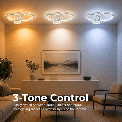 Lustre LED avec télécommande et cristal NOVA ROTONDA RGB 75W, 3 Cercles, Lumière Froide/Chaude/Neutre, Dimmable, Blanc
