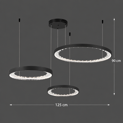 Lustre LED suspendu avec télécommande, Cristaux K9, 80W, 3 Cercles, Lumière Froid/Chaud/Neutre, Dimmable, Noir, Hauteur Réglable