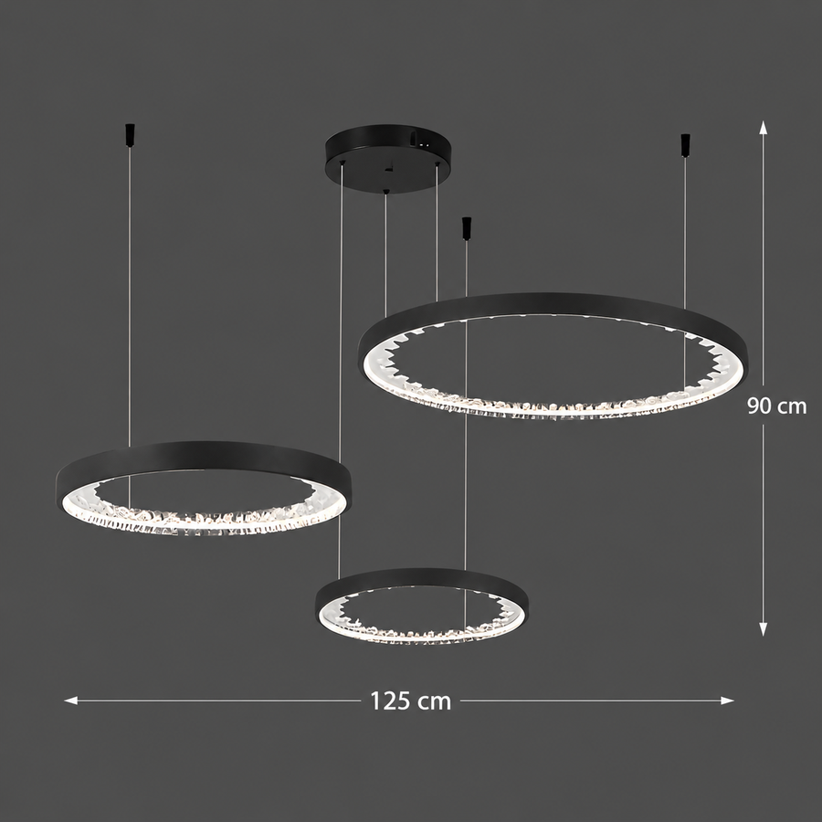 Lustre LED suspendu avec télécommande, Cristaux K9, 80W, 3 Cercles, Lumière Froid/Chaud/Neutre, Dimmable, Noir, Hauteur Réglable