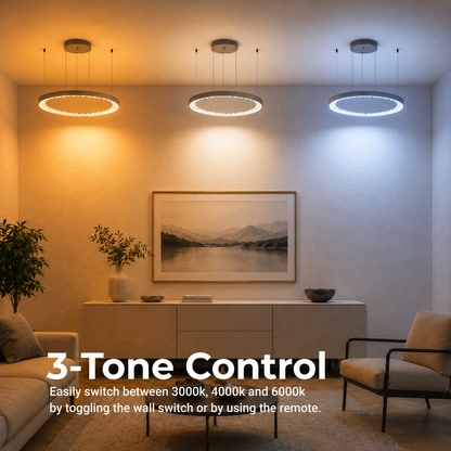 Lustre LED suspendu avec télécommande, Cristaux K9, 80W, 3 Cercles, Lumière Froid/Chaud/Neutre, Dimmable, Noir, Hauteur Réglable