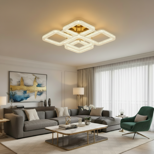 RENATO Magno Lustre LED avec télécommande et cristal, 118W, 5 carrés, Lumière Froide/Chaude/Neutre, Dimmable, Or