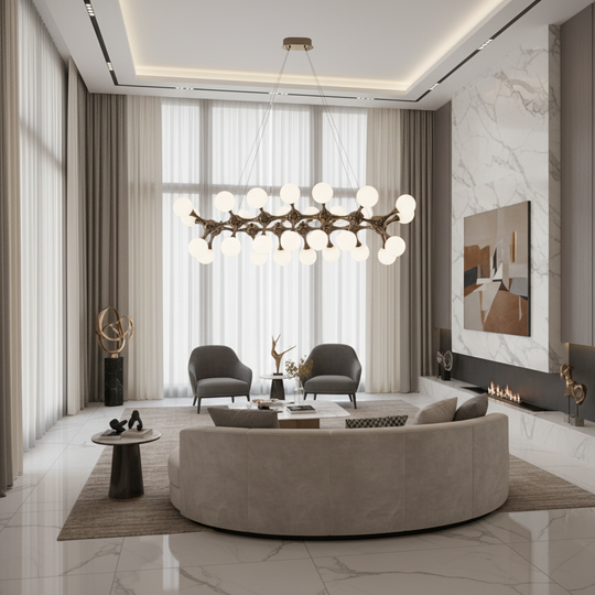 ELEKTRA Grande Lustre Suspendu, Ø120cm, 20xG9, Or, Métal et Verre