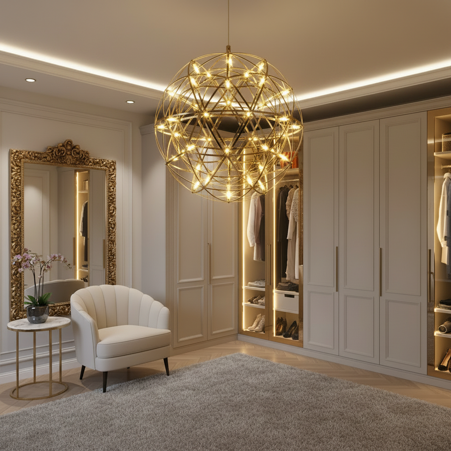 Lustre Crystal LED KILKENNY Culmino, 144 W, lumière neutre, diamètre 60 cm, doré