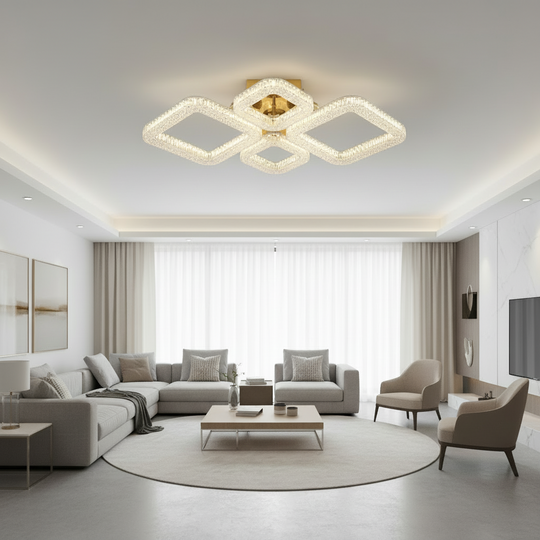 RENATO Lustre LED Elegance avec télécommande et cristal, 73W, 4 carrés, Lumière Froide/Chaude/Neutre, Dimmable, Or
