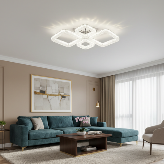 MOND Elegance Lustre LED avec télécommande et cristal, 72W, 4 carrés, Lumière Froide/Chaude/Neutre, Dimmable, Blanc