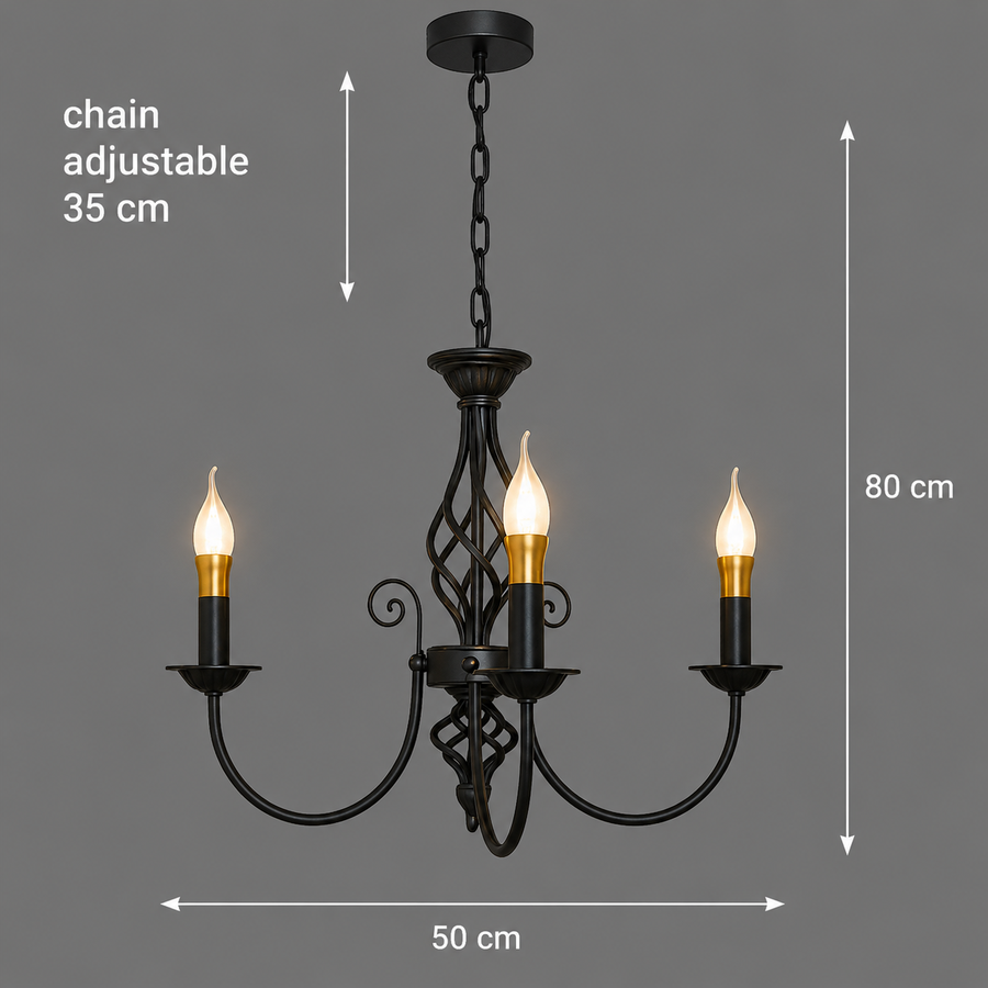 ANJOUX Lustre Elégance, 3xE14, diamètre 50 cm, noir, hauteur réglable, métal