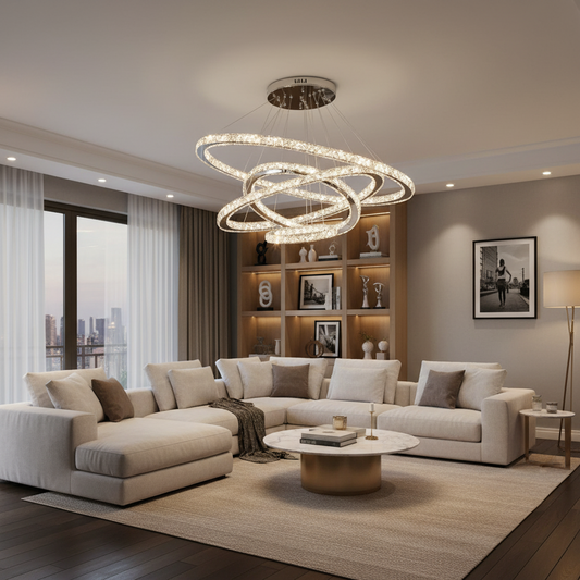 Lustre lumineux LED PRISM, cristal et métal, 210W, 4 cercles, intensité variable, lumière froide/chaude/neutre, éclairage luxueux