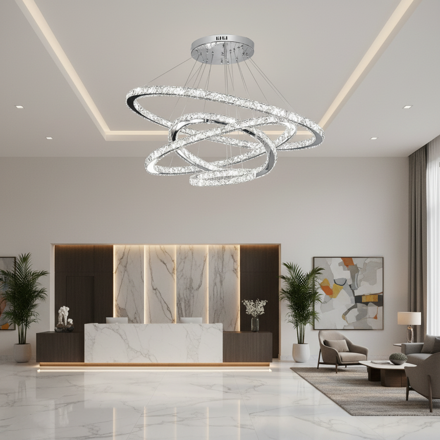Lustre lumineux LED PRISM, cristal et métal, 210W, 4 cercles, intensité variable, lumière froide/chaude/neutre, éclairage luxueux