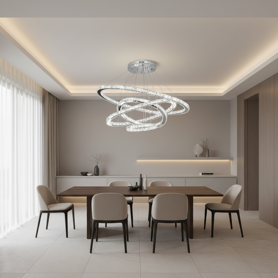Lustre lumineux LED PRISM, cristal et métal, 210W, 4 cercles, intensité variable, lumière froide/chaude/neutre, éclairage luxueux