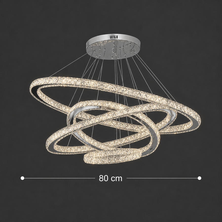 Lustre lumineux LED PRISM, cristal et métal, 210W, 4 cercles, intensité variable, lumière froide/chaude/neutre, éclairage luxueux
