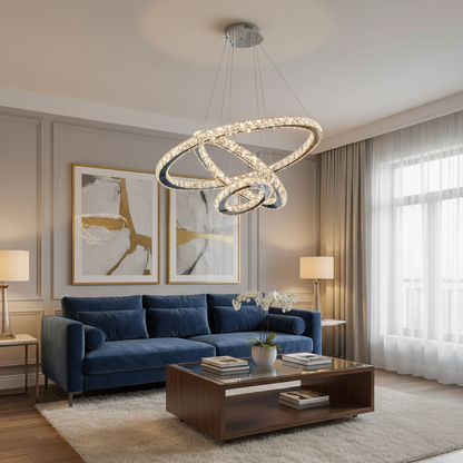 Lustre LED suspendu avec télécommande et cristal PRISM LUMINIS 78,3W, 3 Cercles, Lumière Froid/Chaud/Neutre, Dimmable, Argent, Hauteur Réglable