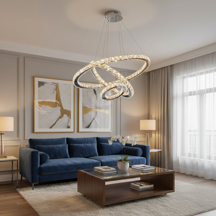 Lustre LED suspendu avec télécommande et cristal PRISM LUMINIS 78,3W, 3 Cercles, Lumière Froid/Chaud/Neutre, Dimmable, Argent, Hauteur Réglable