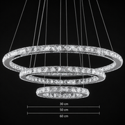 Lustre LED suspendu avec télécommande et cristal PRISM LUMINIS 78,3W, 3 Cercles, Lumière Froid/Chaud/Neutre, Dimmable, Argent, Hauteur Réglable