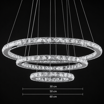 Lustre LED suspendu avec télécommande et cristal PRISM LUMINIS 78,3W, 3 Cercles, Lumière Froid/Chaud/Neutre, Dimmable, Argent, Hauteur Réglable