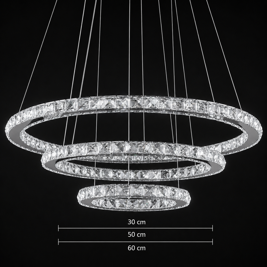 Lustre LED suspendu avec télécommande et cristal PRISM LUMINIS 78,3W, 3 Cercles, Lumière Froid/Chaud/Neutre, Dimmable, Argent, Hauteur Réglable