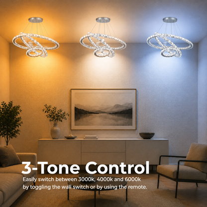 Lustre LED suspendu avec télécommande et cristal PRISM LUMINIS 78,3W, 3 Cercles, Lumière Froid/Chaud/Neutre, Dimmable, Argent, Hauteur Réglable
