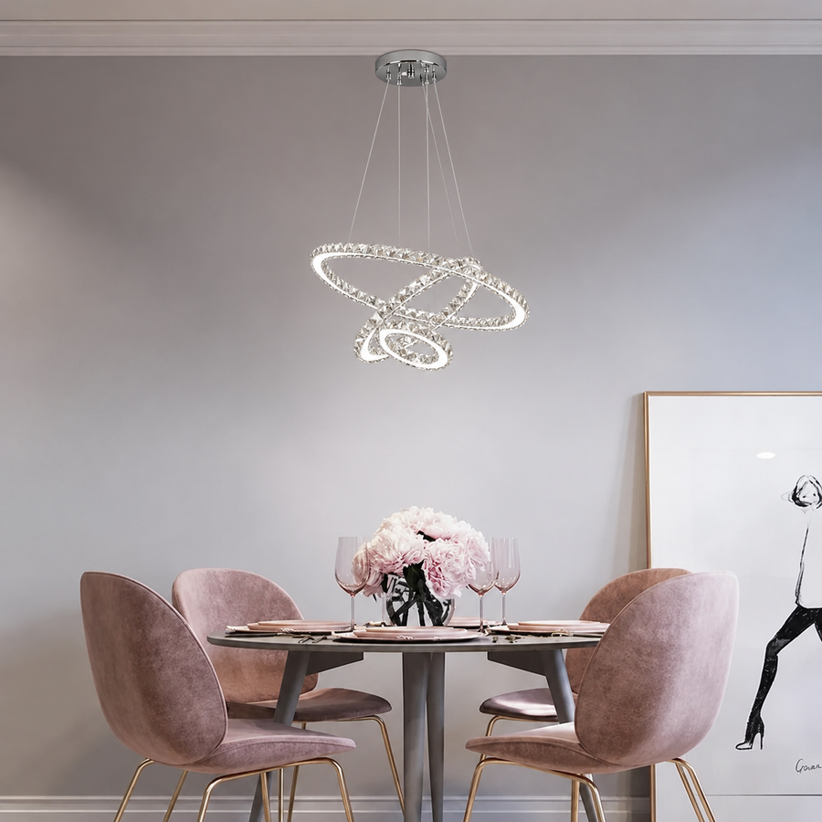 Lustre LED suspendu avec télécommande et cristal PRISM LUMINIS 78,3W, 3 Cercles, Lumière Froid/Chaud/Neutre, Dimmable, Argent, Hauteur Réglable