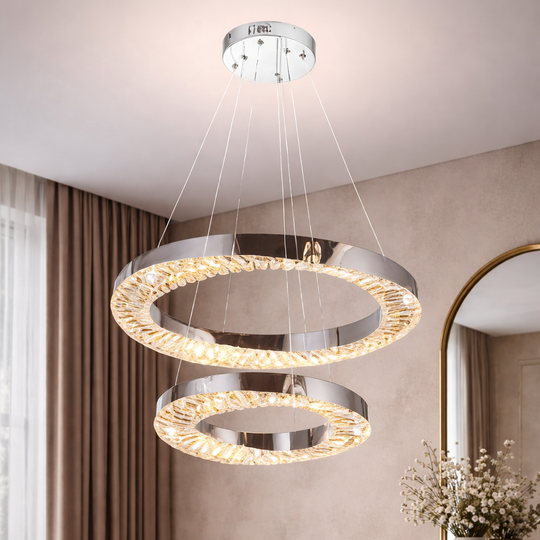 Lustre LED avec télécommande, 196W, HALO Magno, diamètre 40+60 cm, hauteur 120 cm, IP20, lumière froide/neutre/chaude, variable, chrome, cristal, métal Lustre LED avec télécommande Titre par défaut Alessandro Design