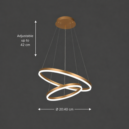 Lustre LED suspendu avec télécommande CHRISTINE, 41W, 2 Cercles, Lumière Froid/Chaude/Neutre, Dimmable, Or Brillant, Hauteur Réglable