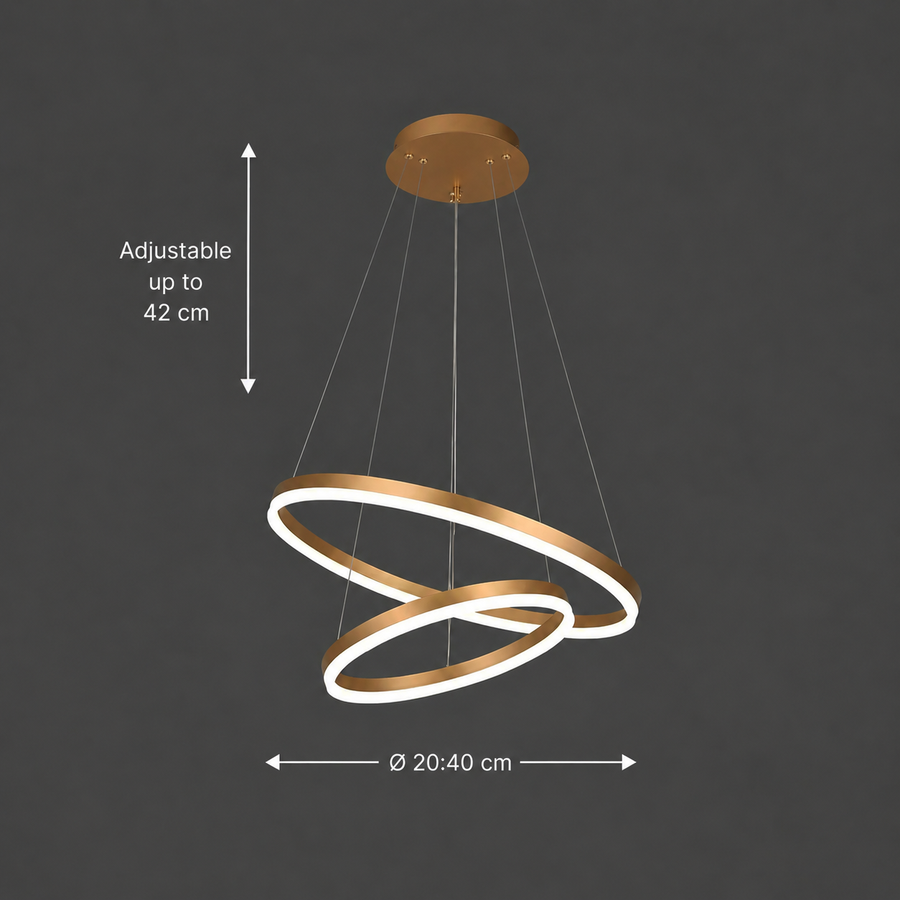 Lustre LED suspendu avec télécommande CHRISTINE, 41W, 2 Cercles, Lumière Froid/Chaude/Neutre, Dimmable, Or Brillant, Hauteur Réglable