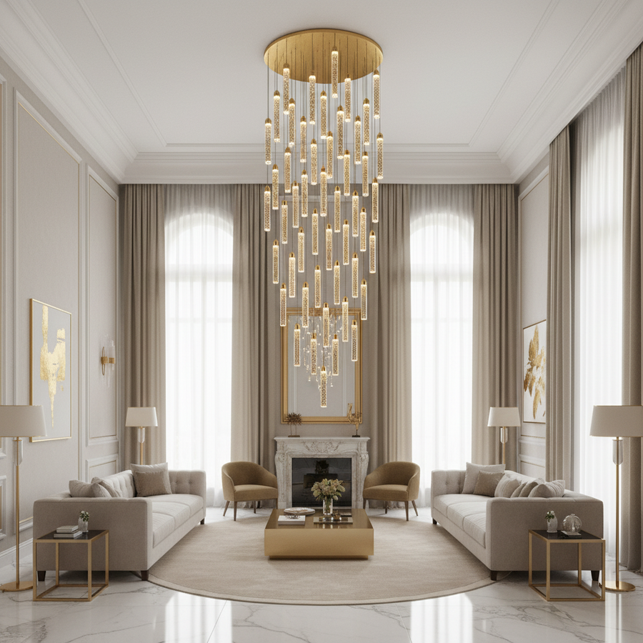 Lustre LED suspendu en cristal, Justinien, diamètre 60 cm, hauteur réglable, doré, métal et cristal