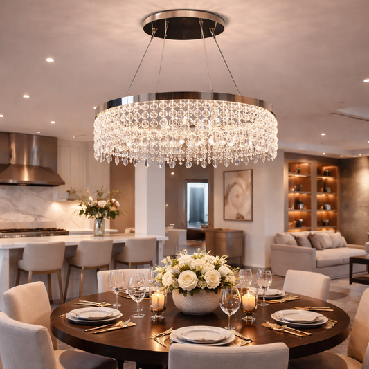 Lustre LED CC41003/500CH, diamètre 50 cm, hauteur 120 cm, IP20, lumière froide/neutre/chaude, variable, argent, cristal, acier