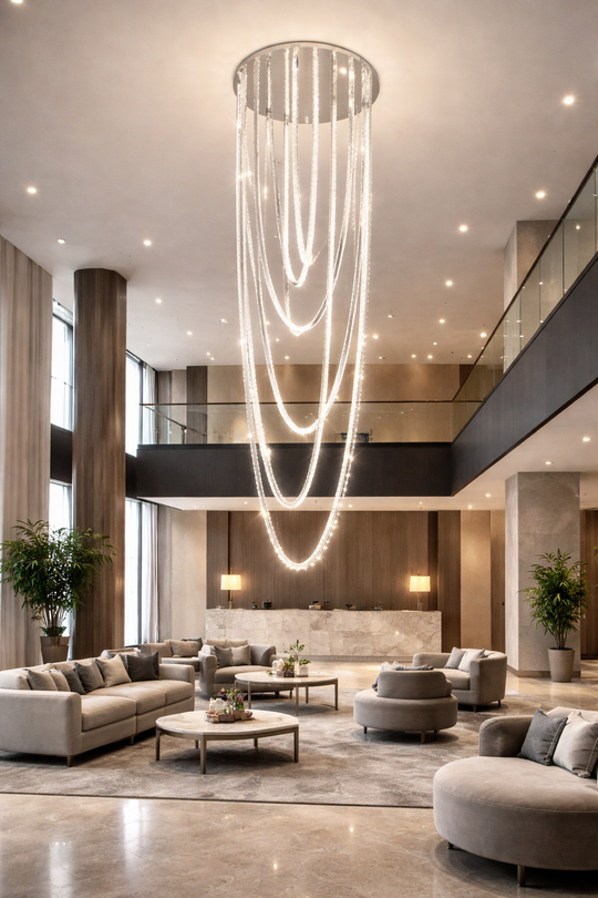 Lustre LED avec télécommande, VEIL, diamètre 80 cm, hauteur 200 cm, lumière froide/neutre/chaude, variable, argent, cristal, métal Lustre LED avec télécommande Titre par défaut Alessandro Design