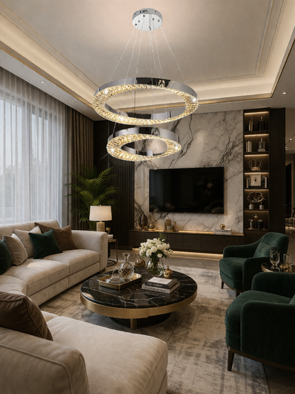 Lustre LED CC31212/60X40CH, diamètre 40+60 cm, hauteur 120 cm, IP20, lumière froide/neutre/chaude, variable, argent, cristal, acier