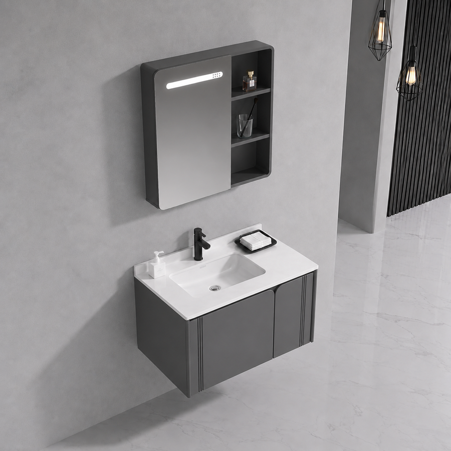 Set Mobilier ORIA pentru Baie, Latime 80cm, 3 Piese, Gri si Alb