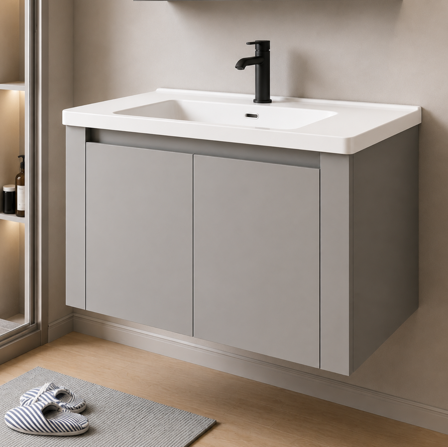 Set Mobilier TIVOLI pentru Baie , Dulap Lavoar+Dulap Oglinda 60cm, 2 Piese, Gri si Alb