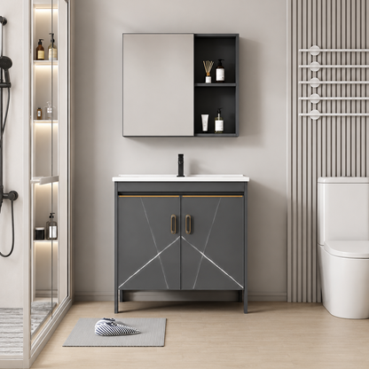 Set Mobilier SIENA pentru Baie ,Dulap Lavoar+Dulap Oglinda 80cm, 2 Piese, Gri si Alb