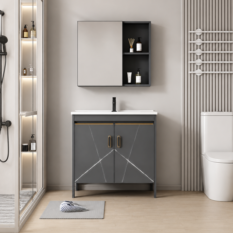 Set Mobilier SIENA pentru Baie ,Dulap Lavoar+Dulap Oglinda 80cm, 2 Piese, Gri si Alb