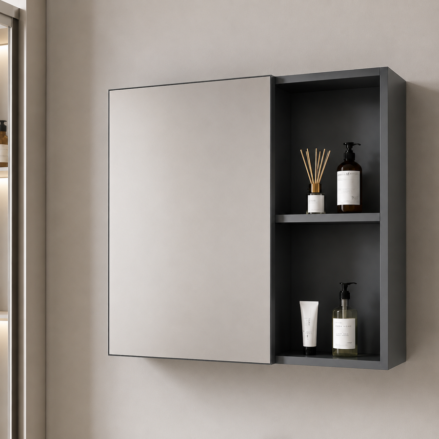 Set Mobilier SIENA pentru Baie ,Dulap Lavoar+Dulap Oglinda 80cm, 2 Piese, Gri si Alb