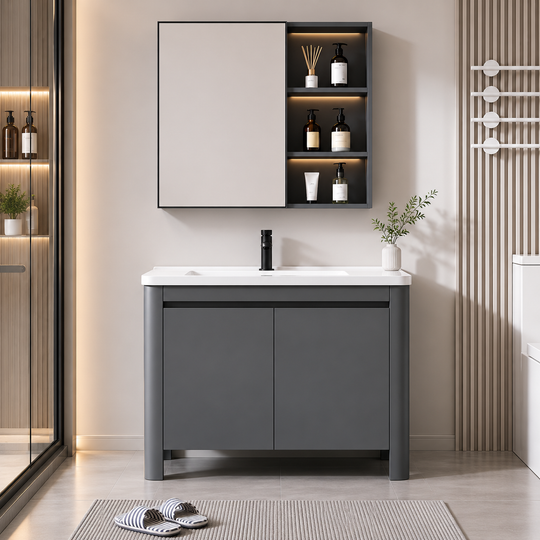 VION Ensemble de Meubles de Salle de Bain, Meuble Lavabo + Meuble Miroir 60 cm, 2 Pièces, Meuble de Salle de Bain Gris et Blanc Titre par Défaut Alessandro Design