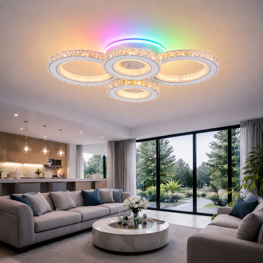 Lustre LED avec télécommande et cristal NOVA ROTONDA RGB 82W, 4 Cercles, Lumière Froide/Chaude/Neutre, Dimmable, Blanc