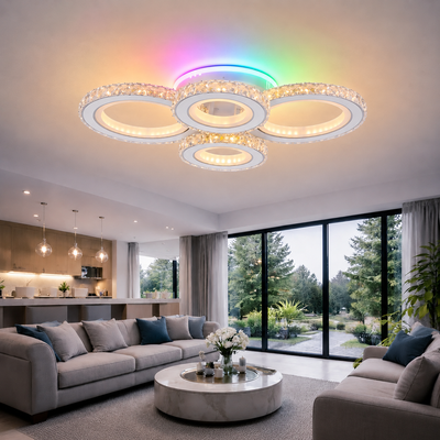 Lustre LED avec télécommande et cristal NOVA ROTONDA RGB 82W, 4 Cercles, Lumière Froide/Chaude/Neutre, Dimmable, Blanc