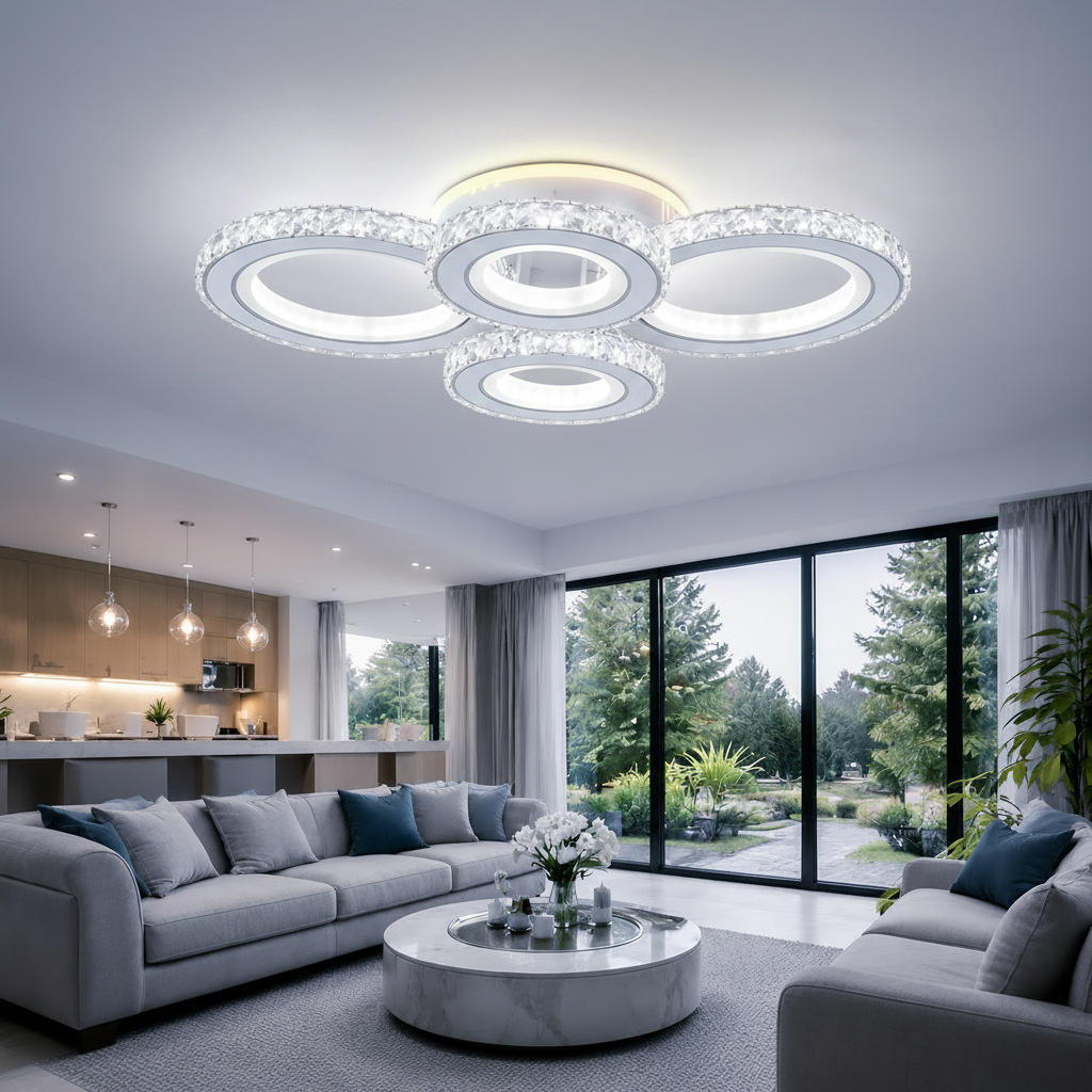 Lustra LED cu telecomanda si cristal NOVA ROTONDA RGB 82W, 4 Cercuri, lumina Rece/Calda/Neutra, Dimabila, Alb Lustre LED cu Telecomanda Default Title Alessandro Design