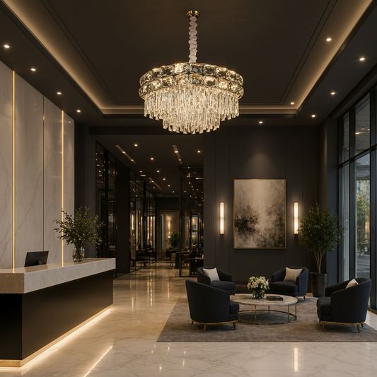 Candelabru Cristal LUCENT Regalis 22xE14, D80 cm, Auriu, Inaltime Reglabila, Metal si Cristal