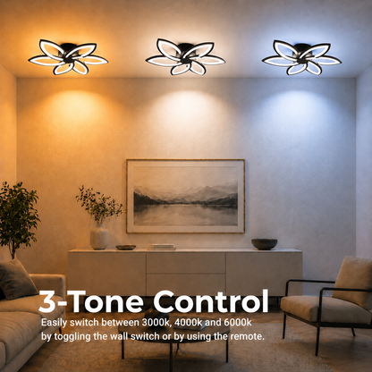 Lustre LED avec télécommande et cristal FLORA 82W, 6 pétales, Lumière Froide/Chaude/Neutre, Dimmable, Noir