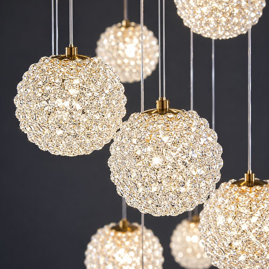 Lustre en cristal MILLE, 18xG9, diamètre 60 cm x hauteur 340 cm, cristal et métal, doré