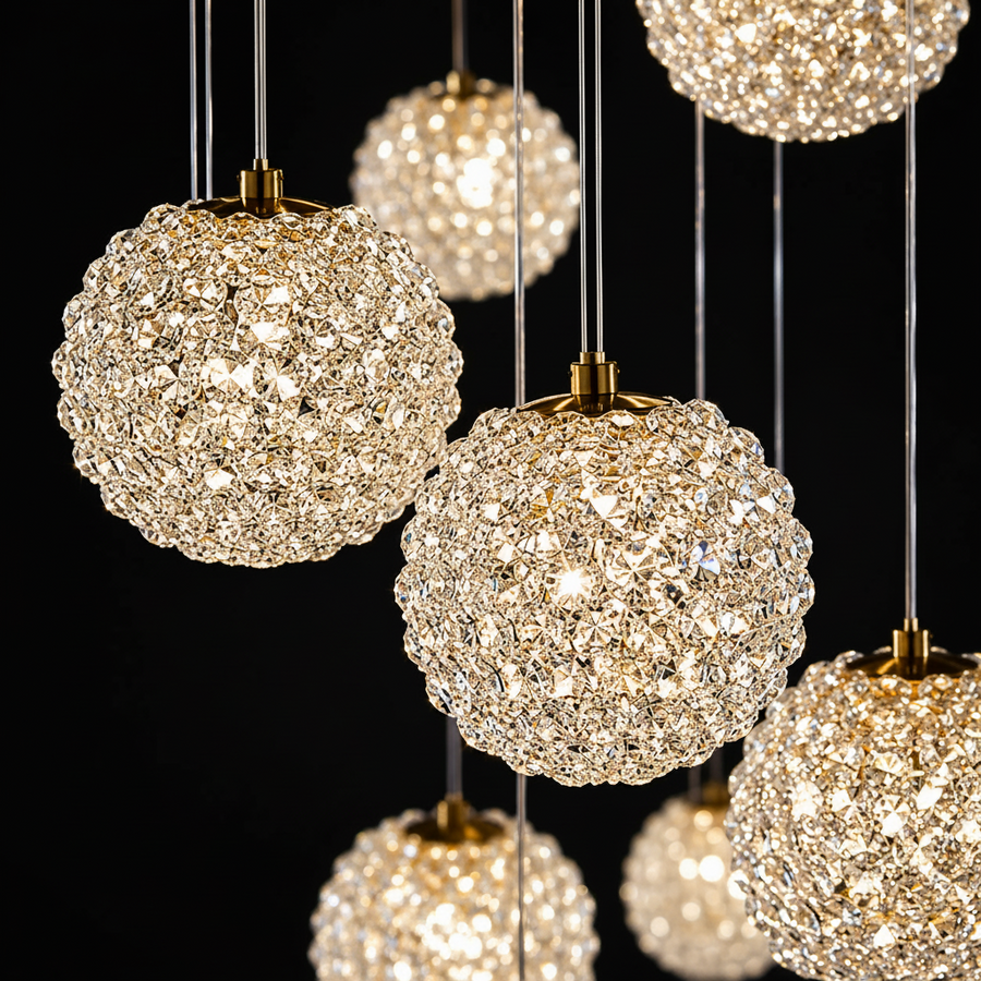 Lustre en cristal MILLE, 25xG9, diamètre 60 cm x hauteur 340 cm, cristal et métal, doré