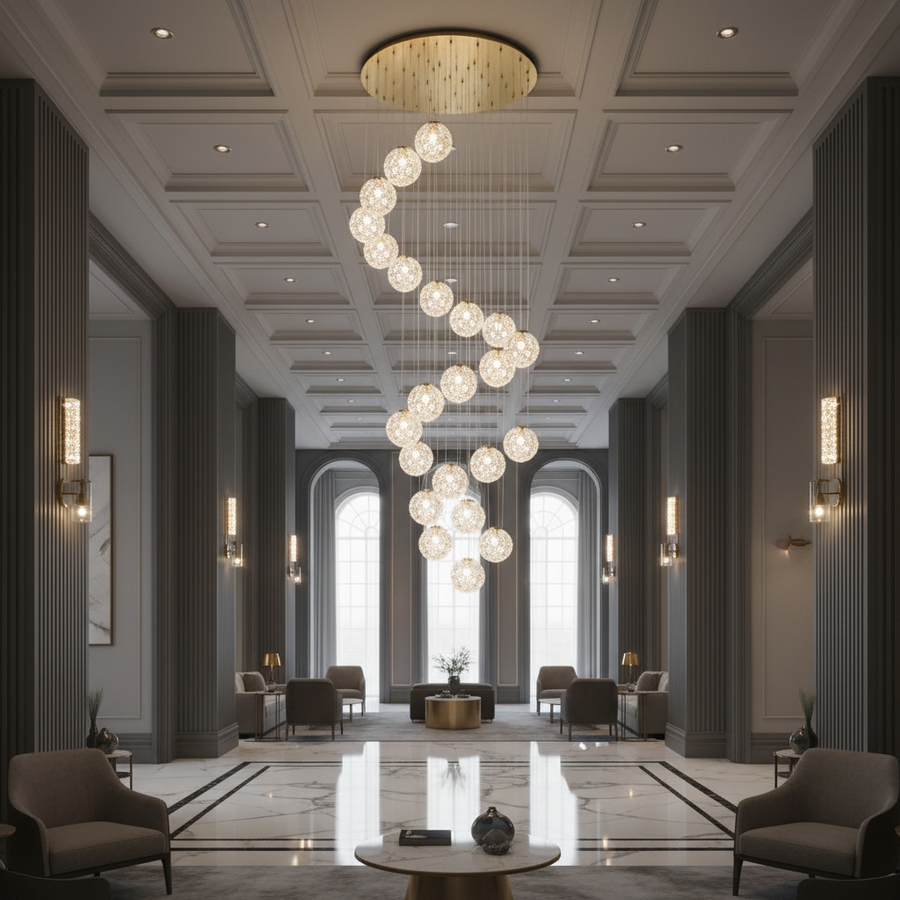 Lustre en cristal MILLE, 25xG9, diamètre 60 cm x hauteur 340 cm, cristal et métal, doré