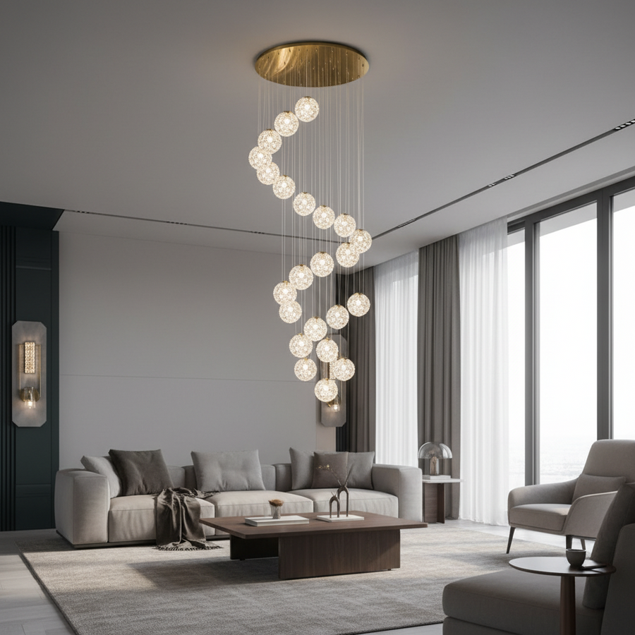 Lustre en cristal MILLE, 25xG9, diamètre 60 cm x hauteur 340 cm, cristal et métal, doré