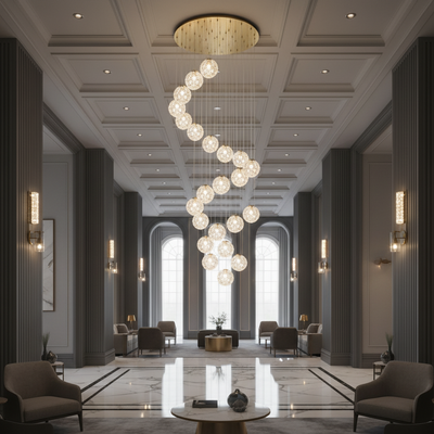 Lustre en cristal MILLE, 25xG9, diamètre 60 cm x hauteur 340 cm, cristal et métal, doré