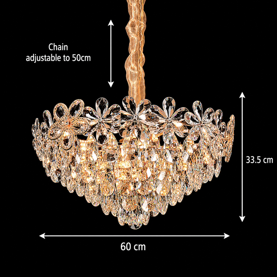 Lustre Magno Crystal 11xE27, diamètre 60 cm, doré brillant, hauteur réglable, métal et cristal