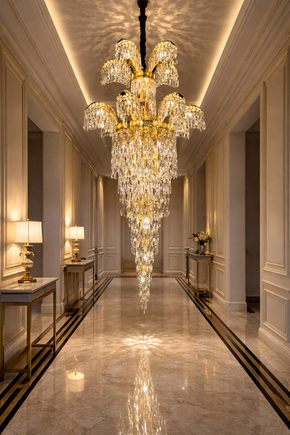 Lustre en cristal Regalis 11x E14, diamètre 85 cm, or brillant, hauteur réglable, métal et cristal