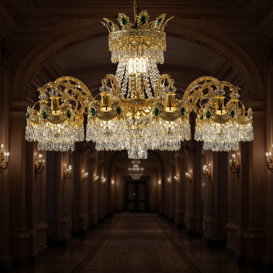 Lustre en cristal Regalis 11x E14, diamètre 85 cm, or brillant, hauteur réglable, métal et cristal